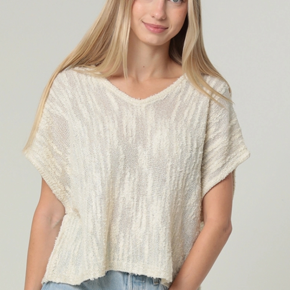 Angie Cream Textured Short Sleeve Knit Top